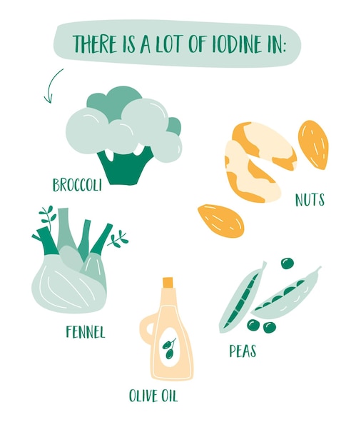 conjunto de vectores de diseño plano de alimentos ricos en yodo como brócoli nueces guisantes aceite de oliva y hinojo