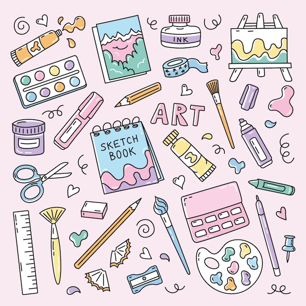 Conjunto de vectores doodle de materiales de arte Kits de herramientas de suministros de pintura de artista dibujados a mano