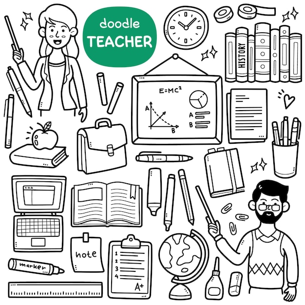 Vector conjunto de vectores de doodle objetos relacionados con el profesor, como libros de pizarra, bolsa de globo, etc.