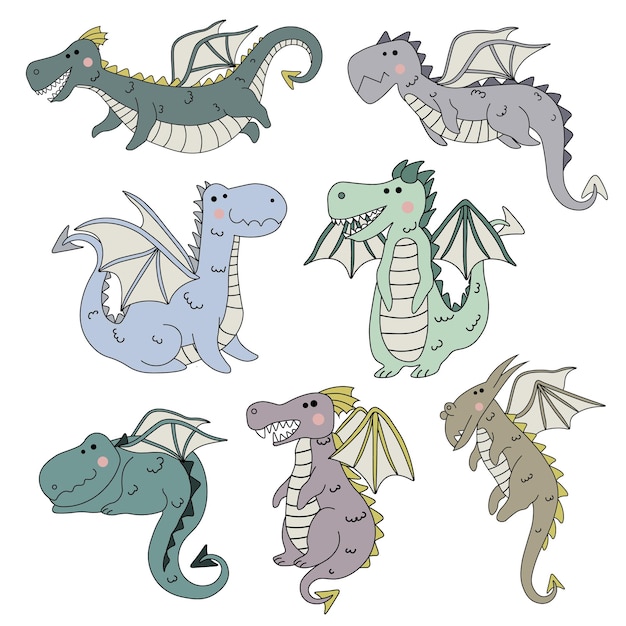 Conjunto de vectores de dragones fabulosos aislado sobre fondo blanco