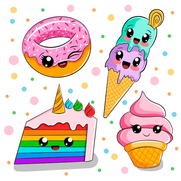 Conjunto de vectores de dulces kawaii coloridos dibujos animados lindo aislado en blanco