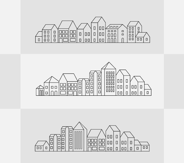 Conjunto de vectores de edificios urbanos lineales e ilustraciones de casas y letreros arquitectónicos. para el diseño de sitios web, tarjetas de visita, invitaciones y volantes sobre el tema urbano con gráficos de moda lineal.