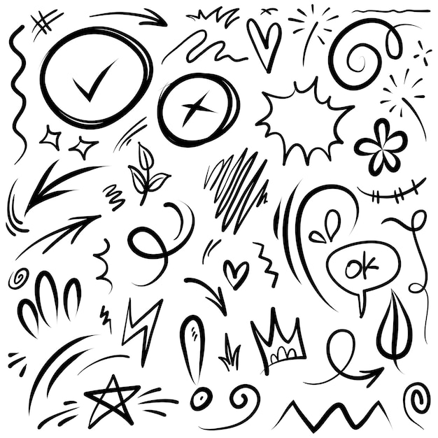 Conjunto de vectores de efectos de emoticonos de flechas direccionales de curva de garabato de signo de expresión caricaturesca dibujada a mano