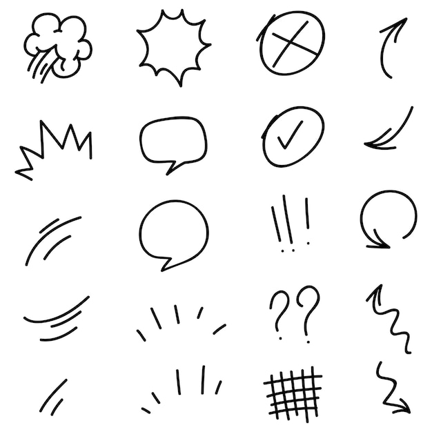 Conjunto de vectores de efectos de emoticonos de flechas direccionales de curva de garabato de signo de expresión caricaturesca dibujada a mano