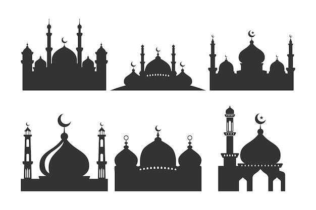 Vector conjunto de vectores elemento de silueta de mezquita sobre fondo blanco