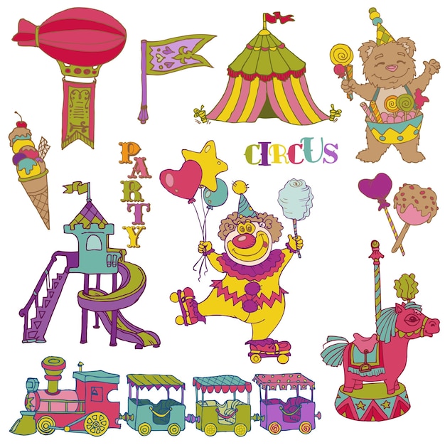 Conjunto de vectores: elementos de circo vintage - garabatos dibujados a mano