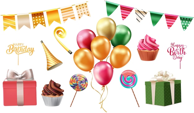 Vector conjunto de vectores de elementos de fiesta de cumpleaños globos de día de nacimiento banderines cajas de regalo y elementos de postre