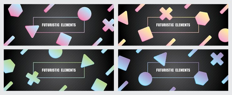 conjunto de vectores de elementos gráficos de forma geométrica divertida en un tema de color degradado futurista
