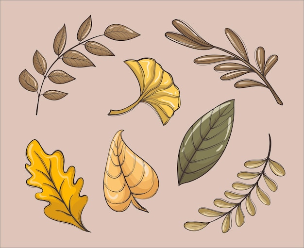Conjunto de vectores de elementos de hojas de otoño en estilo dibujado a mano 01