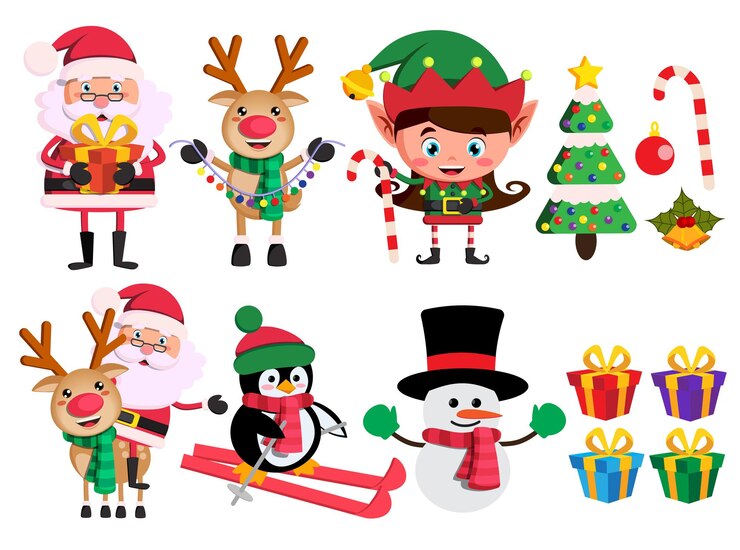 Vector conjunto de vectores de elementos y personajes navideños con elfo de renos de santa claus y muñeco de nieve