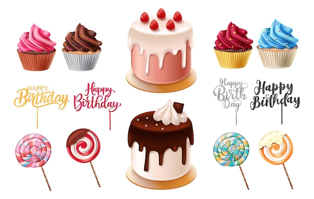 Conjunto de vectores de elementos de postres de cumpleaños Día de nacimiento torta de la taza tortas piruleta y topper de saludo