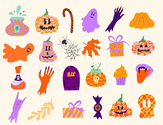 Conjunto de vectores elementos retro maravillosos para los símbolos tradicionales de la fiesta de Halloween