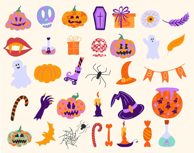Conjunto de vectores elementos retro maravillosos para los símbolos tradicionales de la fiesta de Halloween