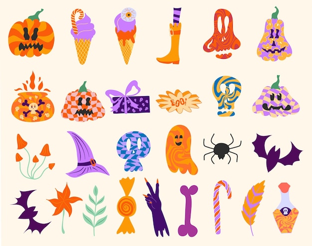 Conjunto de vectores elementos retro maravillosos para los símbolos tradicionales de la fiesta de Halloween