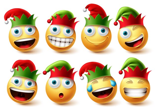 Conjunto de vectores emoji de duendes navideños Emojis con colección de iconos de sombrero de elfo aislado