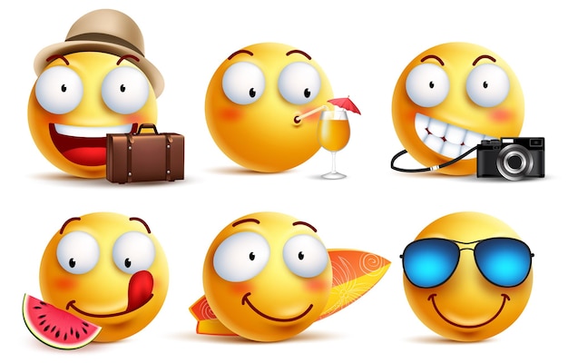 Conjunto de vectores emoji de verano con expresiones faciales Emoticones de cara amarilla