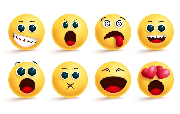 Conjunto de vectores de emoticonos Emoji y emoticonos de cara amarilla con gritos mareados de amor y lindo feliz