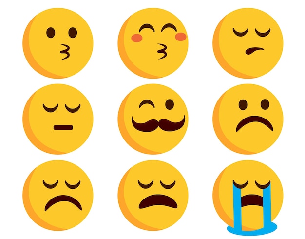 Conjunto de vectores de emoticonos planos de emojis personajes de emoticonos en besos, llanto y expresiones de humor triste