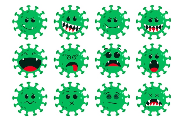 Conjunto de vectores de emoticonos verdes de coronavirus ncov covid19 corona virus icono de dibujos animados planos y emoji