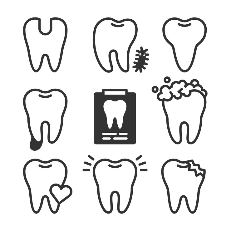 Conjunto de vectores de estilo de línea de dientes lindos con diferentes condiciones dentales