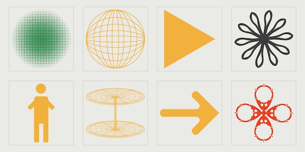 Conjunto de vectores de estilo Y2K de objetos Adornos gráficos futuristas retro Iconos minimalistas planos
