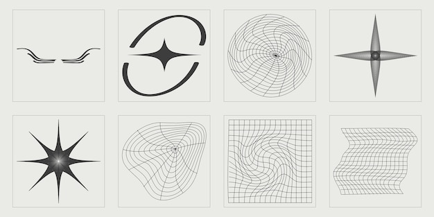 Conjunto de vectores de estilo Y2K de objetos Gran colección de símbolos geométricos gráficos abstractos Iconos minimalistas planos