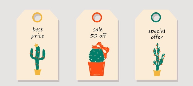 Conjunto de vectores de etiquetas de precios de descuento Etiquetas con decoraciones navideñas de invierno Cactus de Navidad