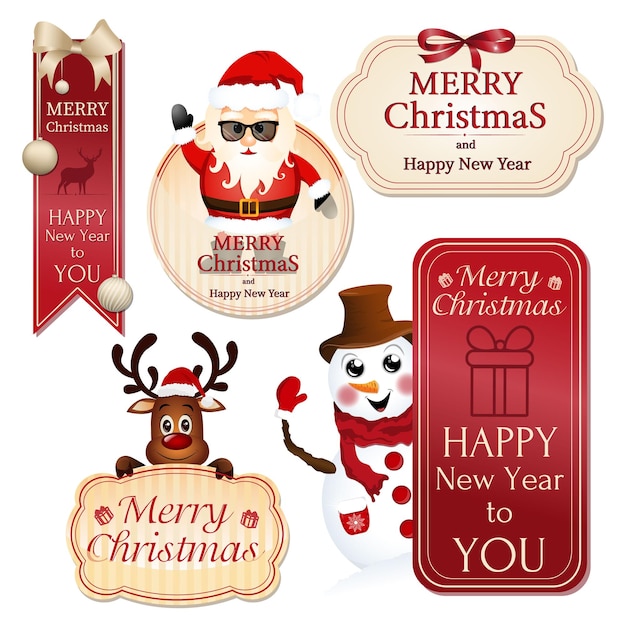 Conjunto de vectores. Feliz Navidad. Feliz año nuevo. Ciervo. Muñeco de nieve. Papá Noel.
