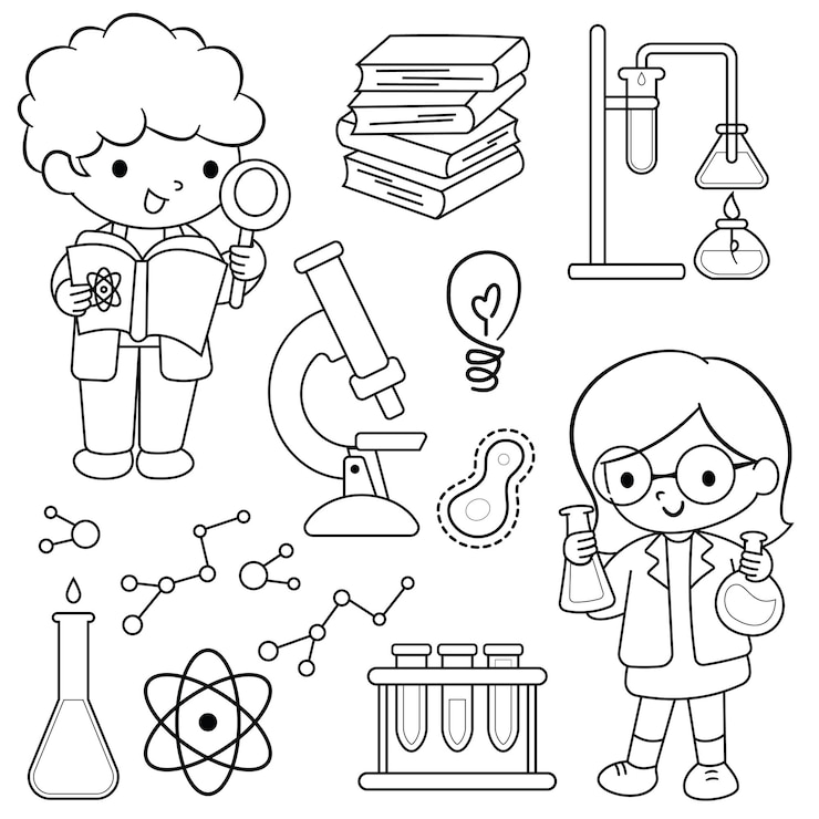 Vector conjunto de vectores de fideos con científicos de arte lineal y material de laboratorio