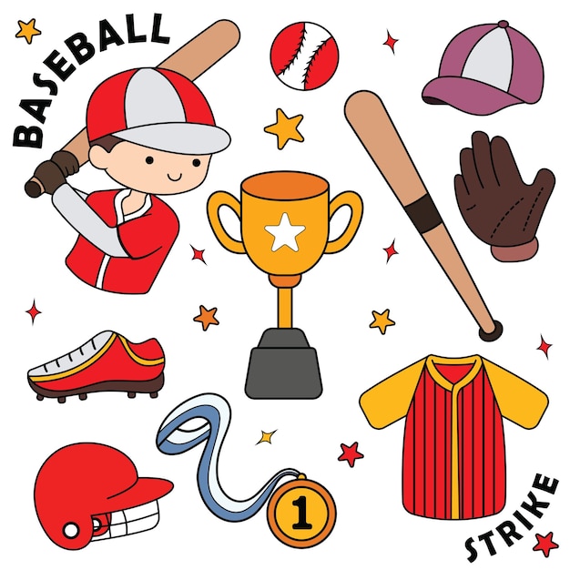 Conjunto de vectores de fideos con equipo y jugador de béisbol de colores