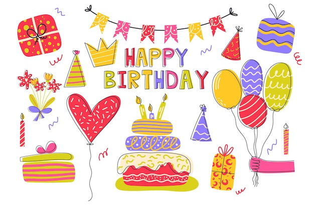 Conjunto de vectores de fiesta de cumpleaños Colección de ilustraciones dibujadas a mano
