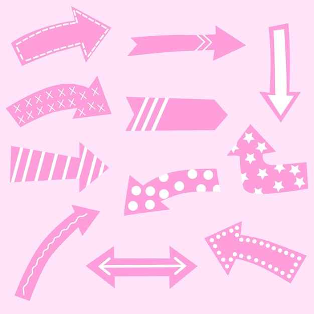 Conjunto de vectores de flechas rosas de diferentes dibujos animados