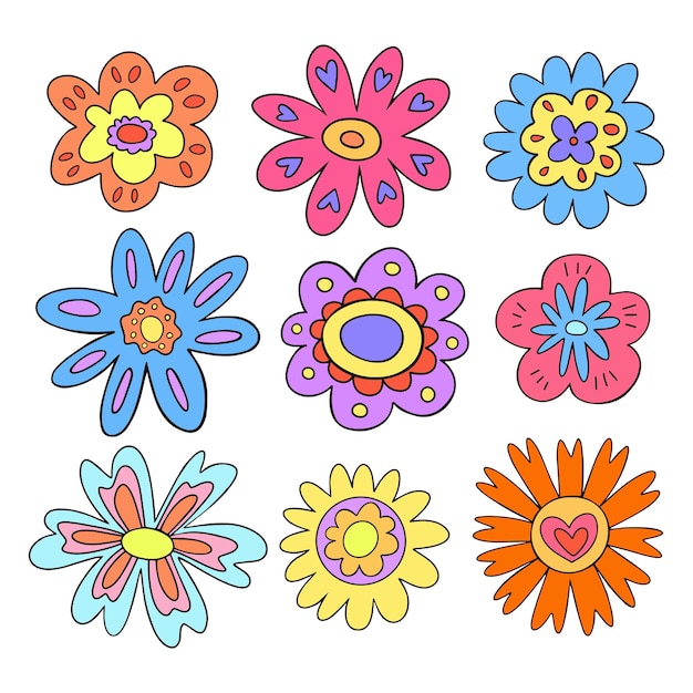 Conjunto de vectores de flores de estilo retro de lujo Good vibes daiy flower Ilustración de flores primitivas funky