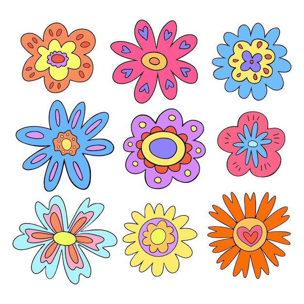 Vector conjunto de vectores de flores de estilo retro de lujo good vibes daiy flower ilustración de flores primitivas funky