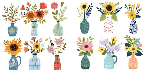 Vector conjunto de vectores de flores de girasoles planos de aster y protea