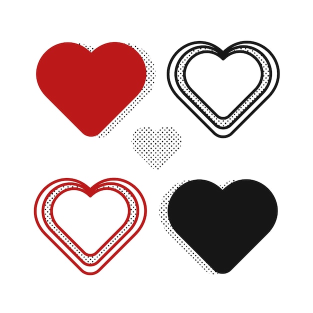 Conjunto de vectores en forma de corazón diseño plano rojo y negro.