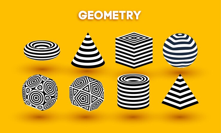 Vector conjunto de vectores de formas de ilusión óptica de fondo amarillo pirámide rayada cilindro y cubo diseño de líneas en blanco y negro abstracto óptico círculo formas geométricas redondas