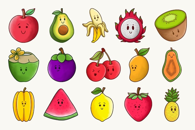 Conjunto de vectores de frutas de kawaii