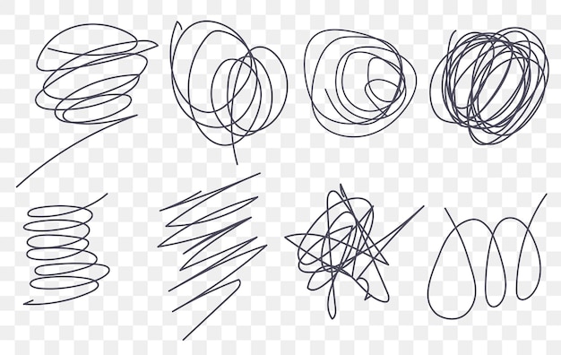Conjunto de vectores de garabatos dibujados con marcador Dibujo infantil La mano dibuja remolinos de caligrafía Trazos de pincel rizado garabatos de marcador como conjunto de elementos de diseño gráfico