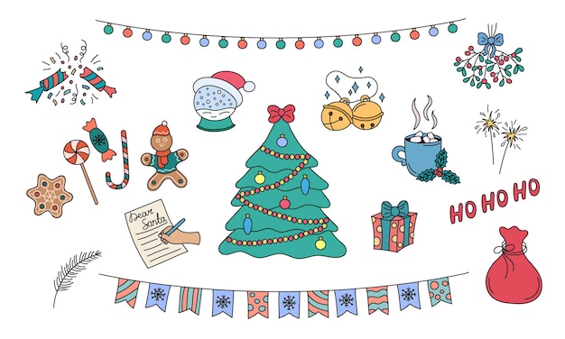 Conjunto de vectores de garabatos navideños Elementos de vacaciones coloridos dibujados a mano aislados sobre fondo blanco