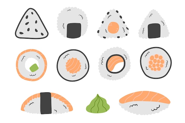 Vector conjunto de vectores de garabatos planos de rollos de sushi onigiri comida asiática tradicional sobre un fondo blanco