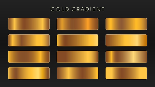 Conjunto de vectores de gradientes de oro. Plantilla de textura de lámina dorada oscura. Fondos degradados de cobre EPS10