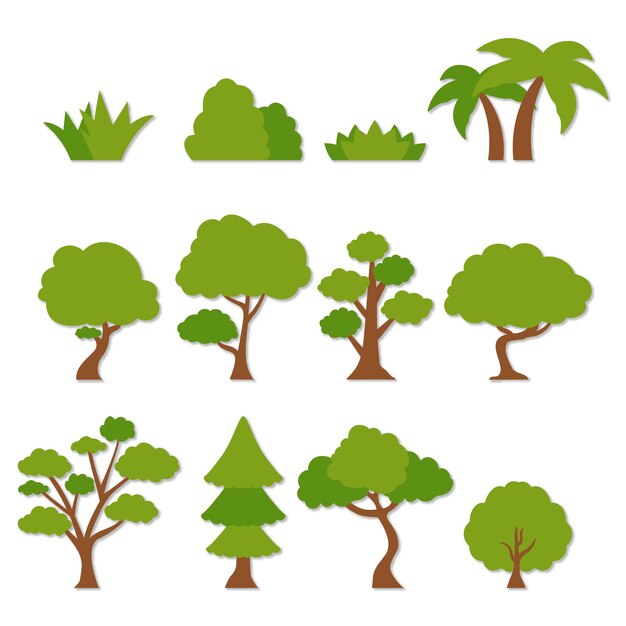 Vector conjunto de vectores gratis de doce árboles planos en tonos verdes
