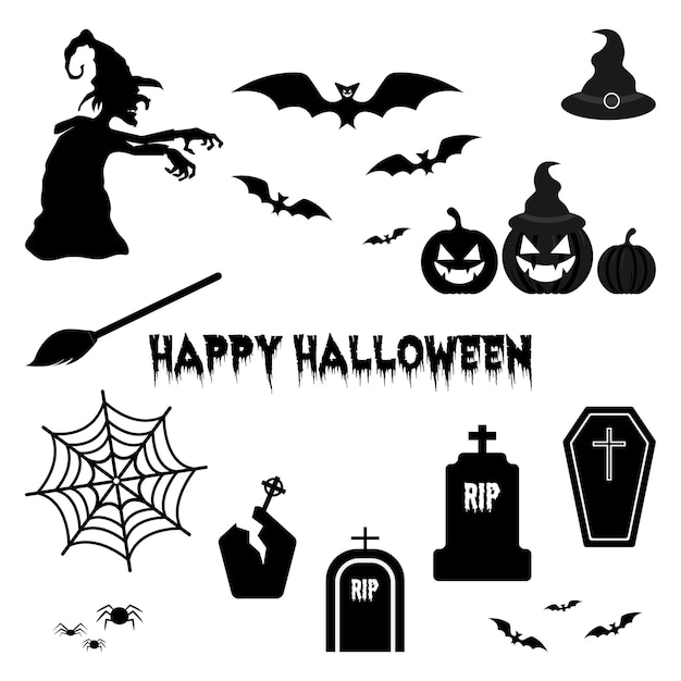 Conjunto de vectores de Halloween con calabaza, murciélagos, arañas y brujas