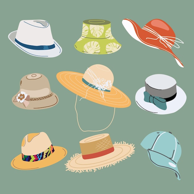 Conjunto de vectores de hombres y mujeres de sombreros de verano