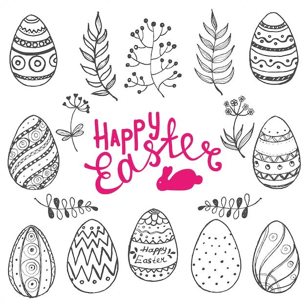 Conjunto de vectores de huevos de Pascua aislados y ramitas