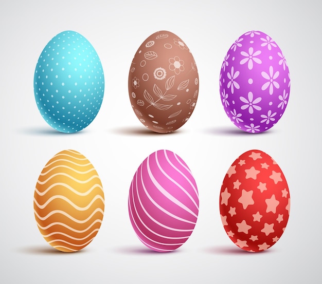 Conjunto de vectores de huevos de Pascua con colores y patrones Elementos y decoraciones con efecto realista 3D