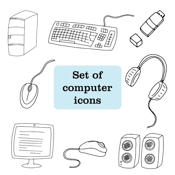 Vector conjunto de vectores con iconos de computadora, teclado, parlantes, monitor, computadora personal