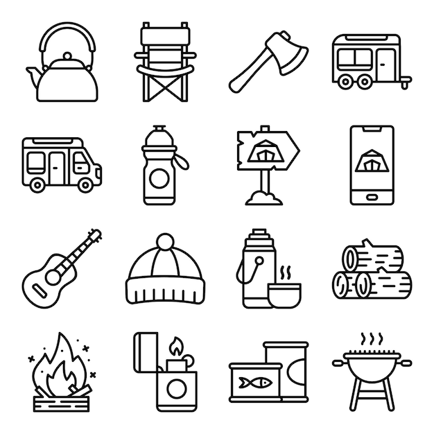 Conjunto de vectores de iconos de contorno del equipo de acampada