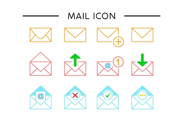 Conjunto de vectores de iconos de correo electrónico para elementos del kit de diseño de interfaz de usuario